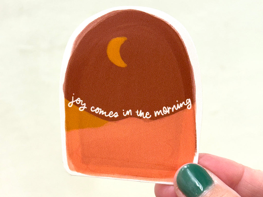 Joy Comes in the Morning - crescent moon, rust, squoval- Vinyl Sticker - Kingfolk Co