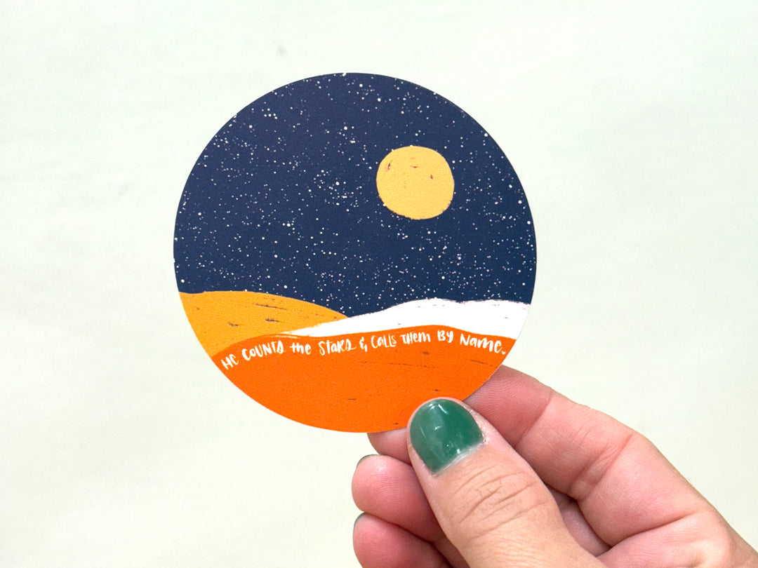 He Counts the Stars & Calls Them By Name - mustard moon, dark blue starry sky-Circle Vinyl Sticker - Kingfolk Co