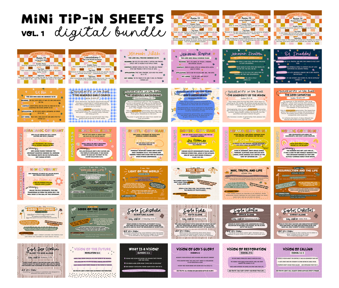 Loaded Bible Mini Tip-In Bundle – 7 Printable Bible Study Sets | Digital Bible Journaling Inserts on Covenants, I Am Statements, Names of God & More