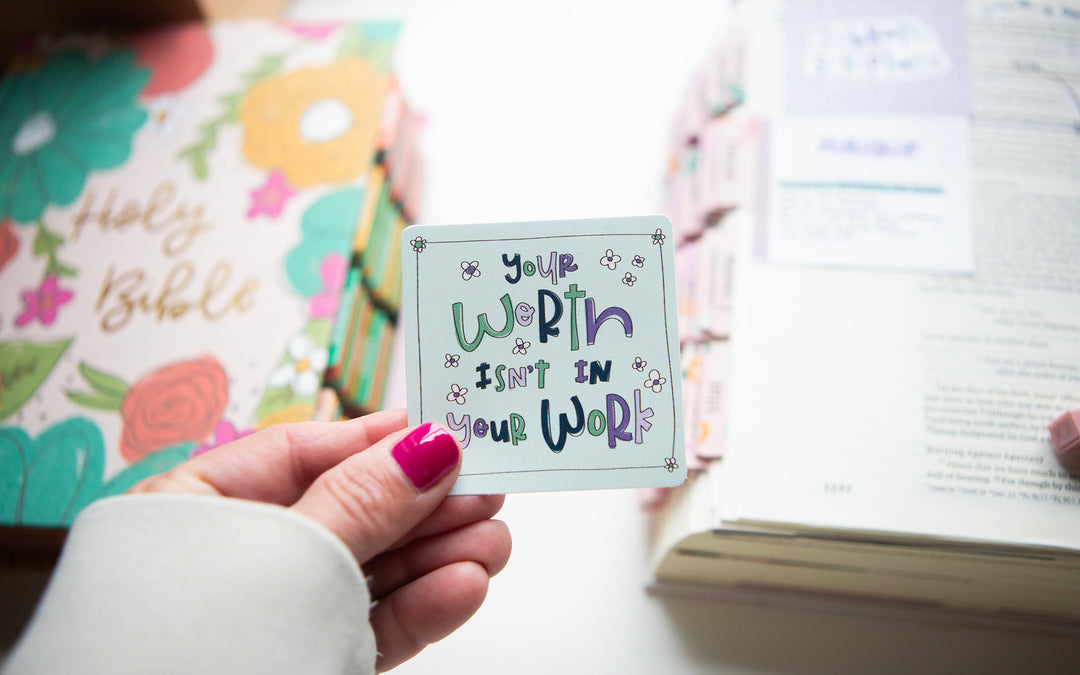 Your Worth Isn't in Your Work Vinyl Sticker (mint and purple square) - Kingfolk Co