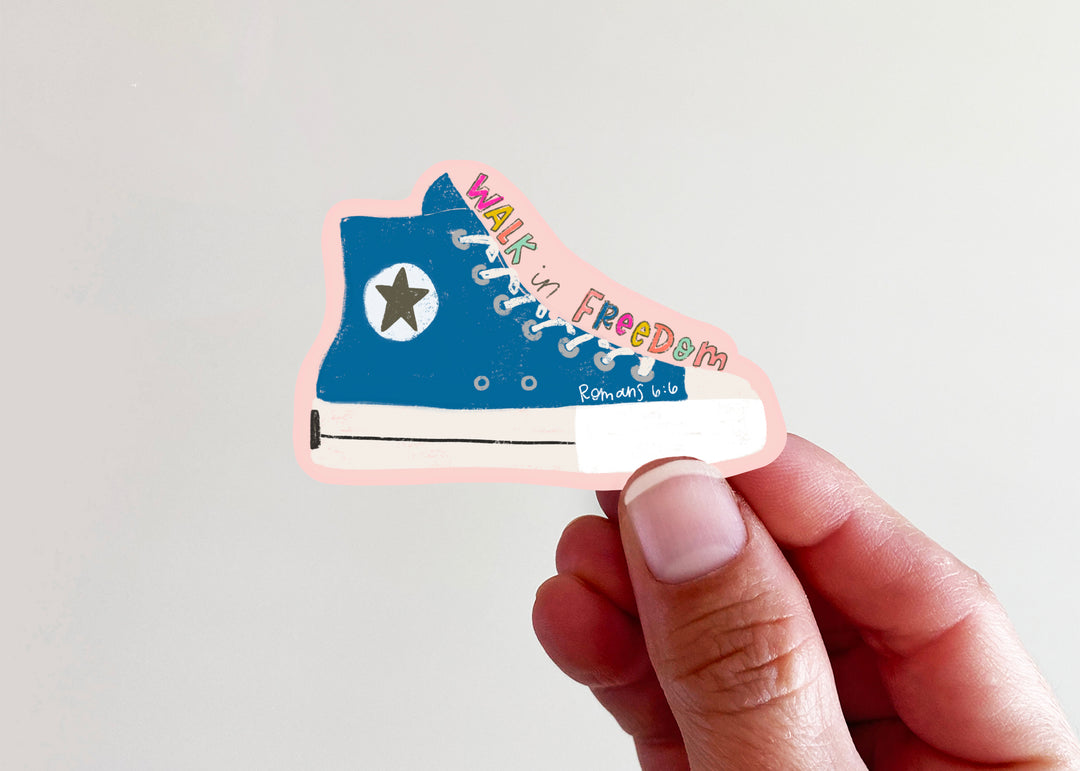 Walk in Freedom Romans 6:6 Blue Shoe Vinyl Sticker - Kingfolk Co