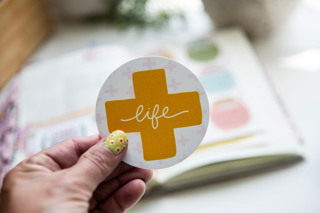 Life Mustard Cross (Lamb of God theme) Circle Vinyl Sticker - Kingfolk Co